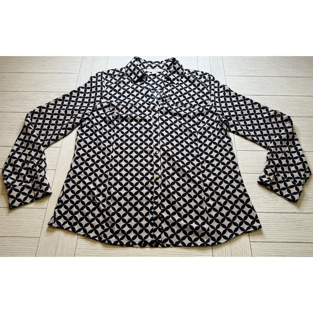 Dana Buchman Roll Tab Button Down Camp Shirt Brown Black Abstract Women's Sz L